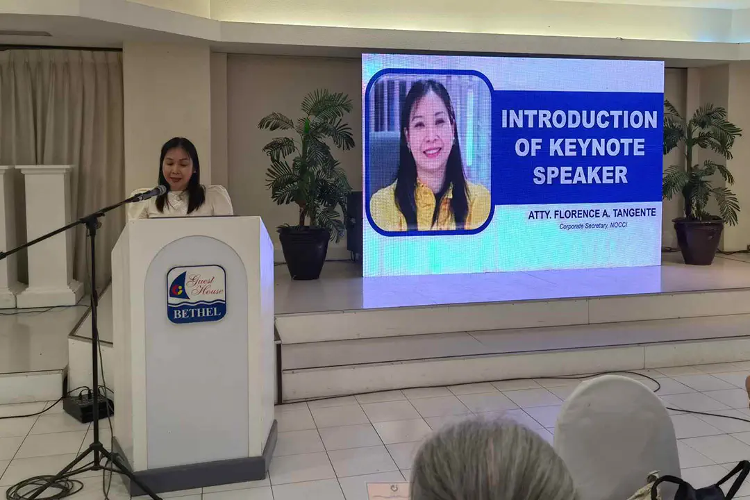 NOCCI Corporate Secretary Atty. Florence Tangente introduced the NOCCI 2024 AGMM Keynote Speaker