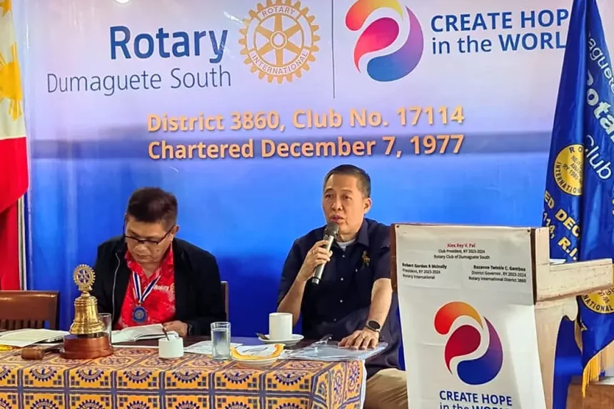 NOCCI President Edward Du speaks at Rotary Club Dumaguete South, advocating for the creation of the Negros Island Region (NIR)