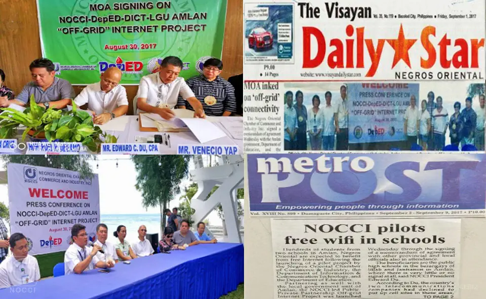 Province of Negros Oriental, NOCCI, DepEd, DICT, NTC and LGU Amlan agreed to pilot the country’s first PPP “Off – Grid” internet connectivity project under the newly signed Free Public Wifi Law (RA 10929)